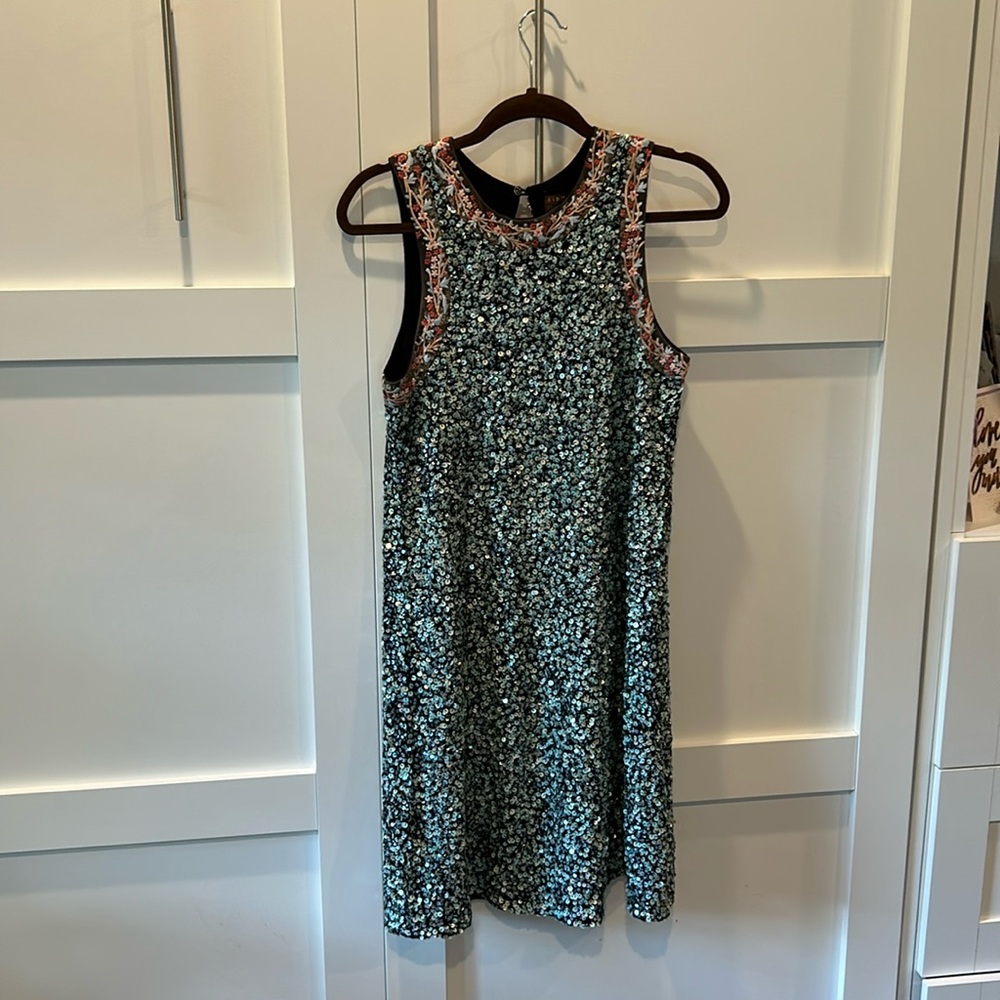 Anthropology! Carin Bahl astronomy black sequin sleeveless shift dress size 8
